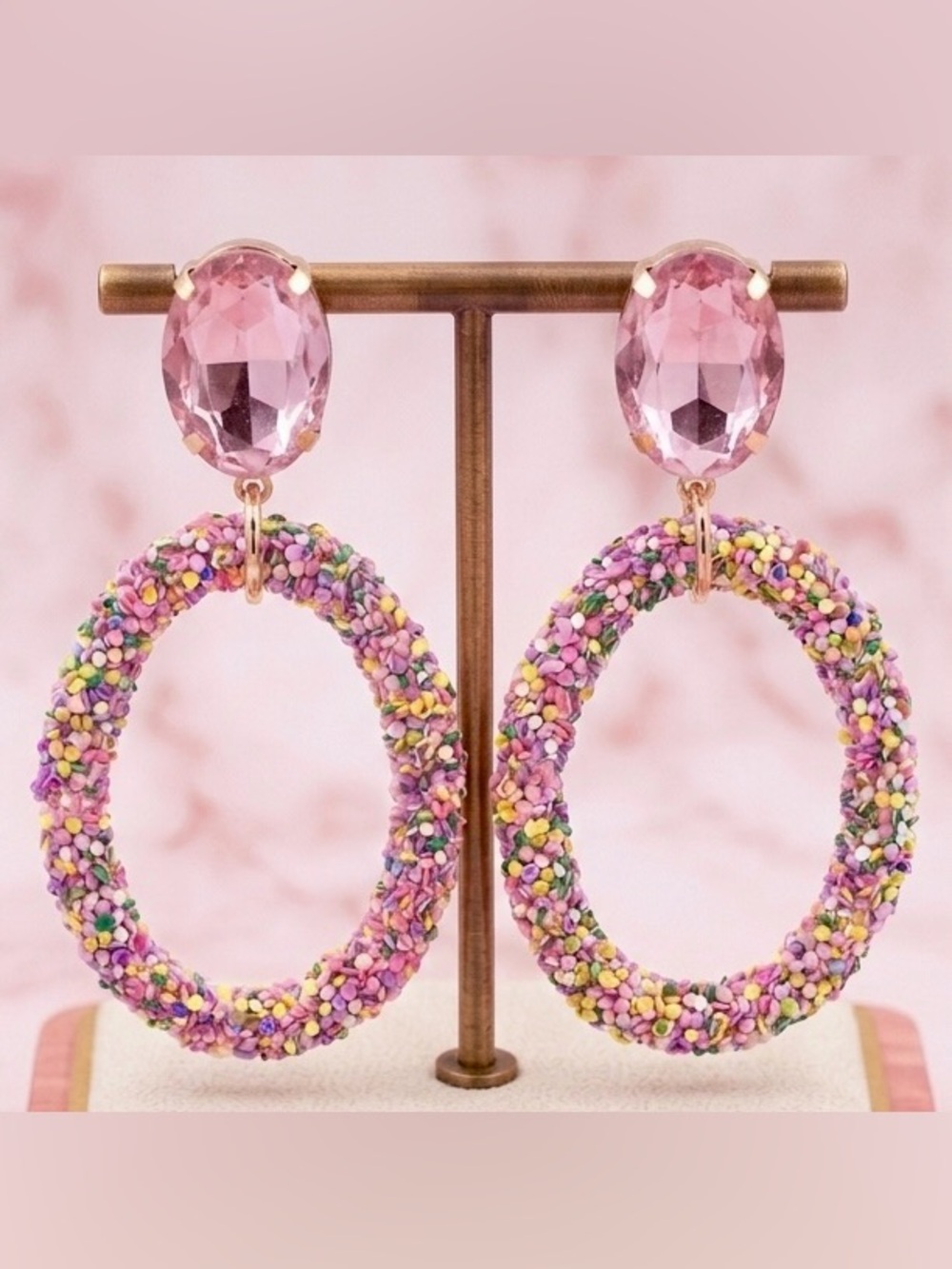 Bohemian Sequin Oval Drop Earrings | Pink Crystal Statement Dangle - Picture 2 of 5